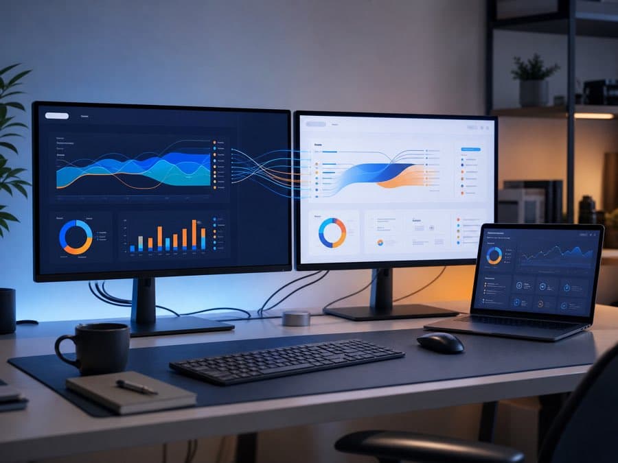 Two dashboards on a developer's desk exchanging data