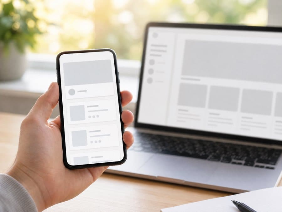Mobile app running on a phone beside its wireframes