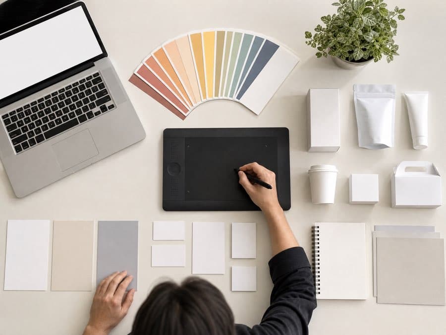Designer working on brand assets with colour swatches and mockups