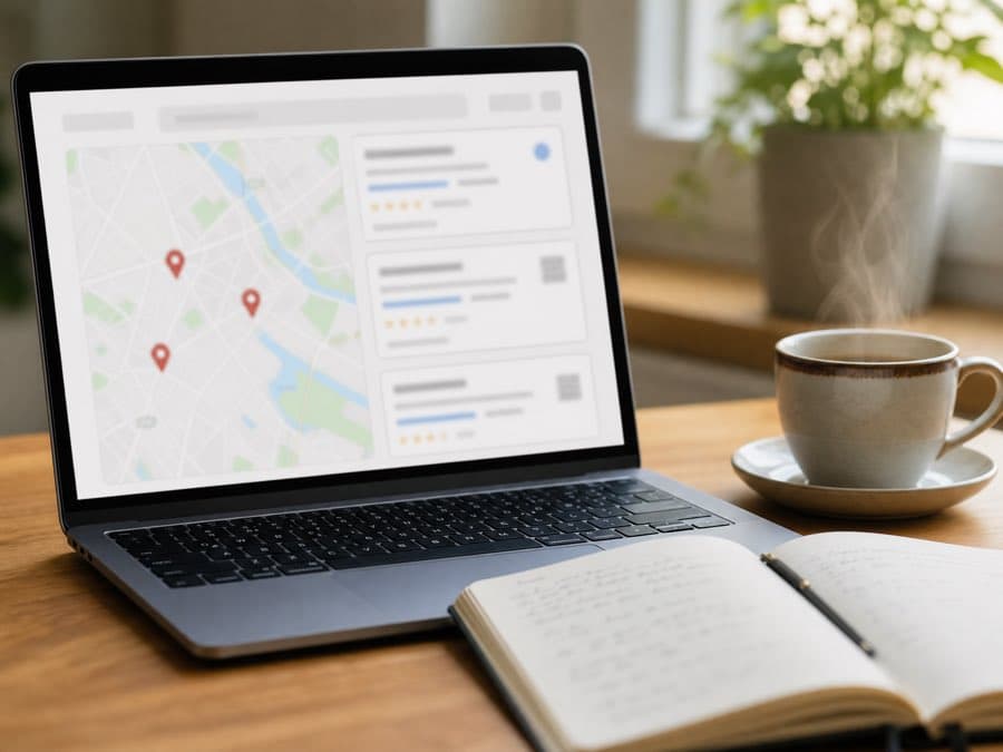Laptop showing local search results with map listings