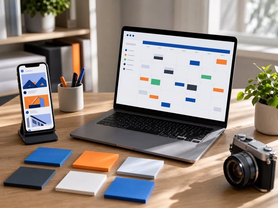 Content calendar on a laptop beside a phone showing a social feed