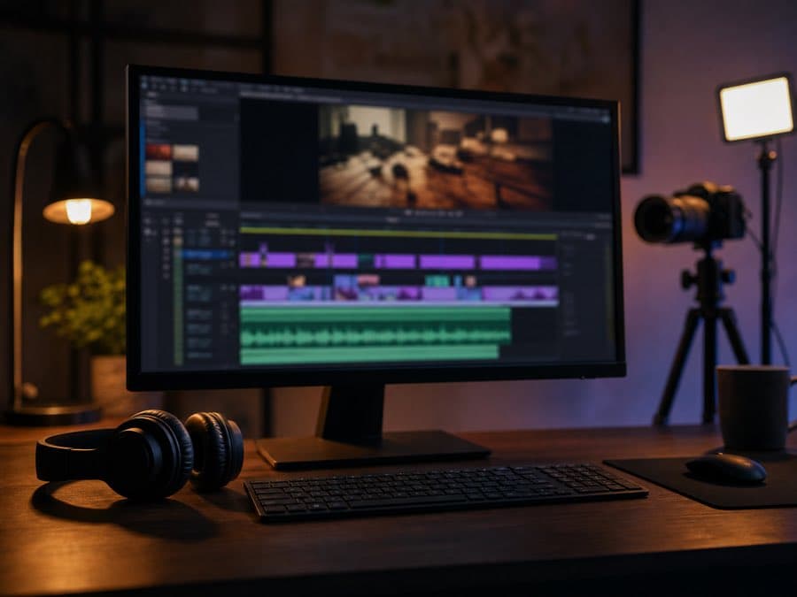 Video editing timeline on a monitor in a small studio