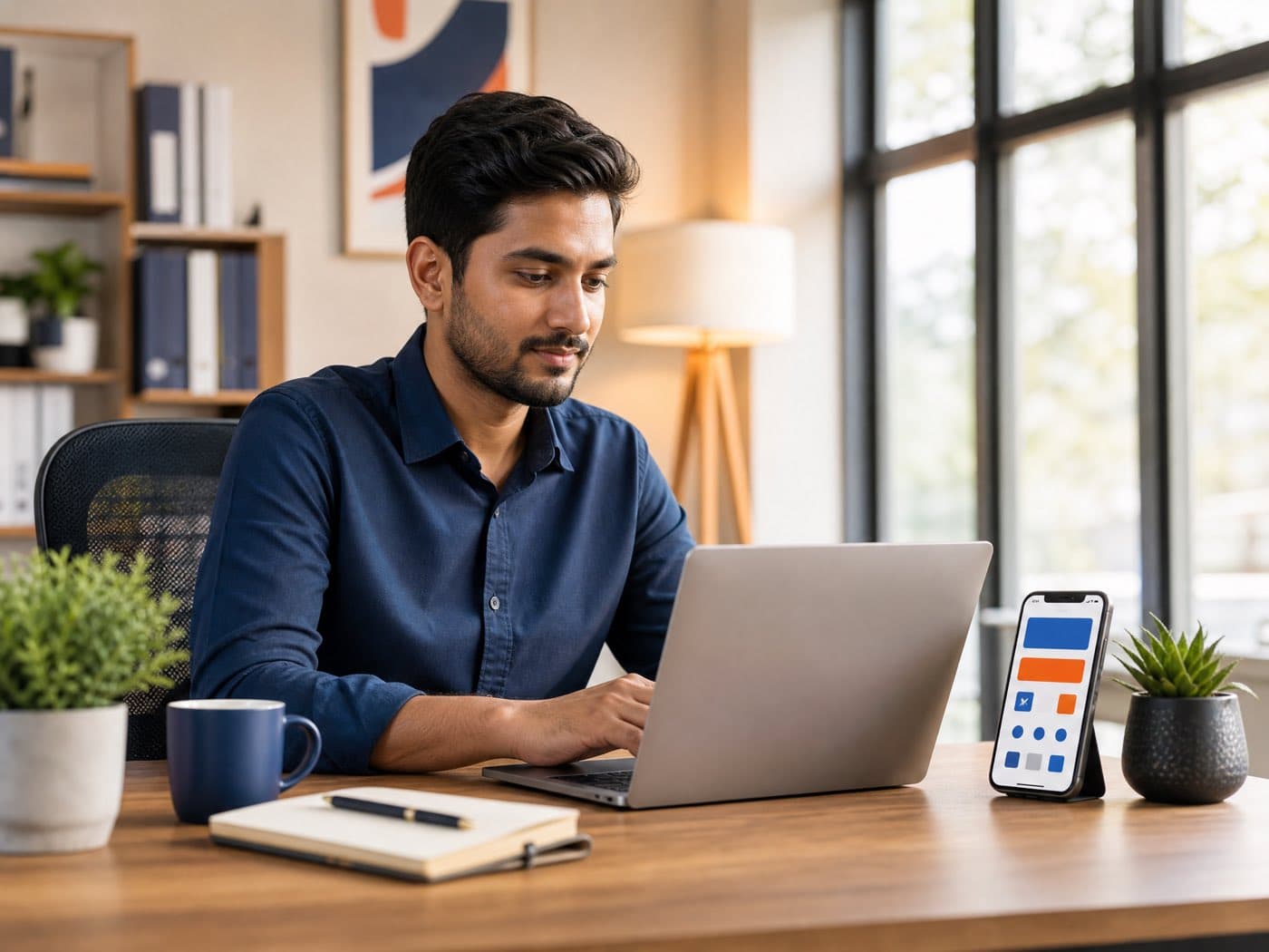 Business owner reviewing their new website on a laptop and phone