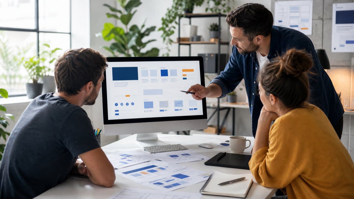 Design team reviewing website layouts together on a monitor